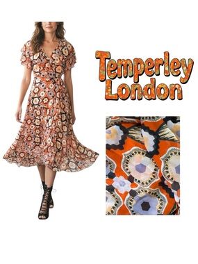 Temperley London Multi Color Crochet Print Silk Wrap Midi Dress UK 12 US 8